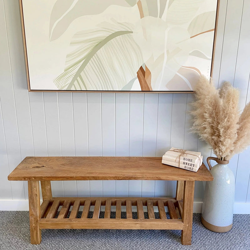 Rustic Teak Bench with Storage Shelf