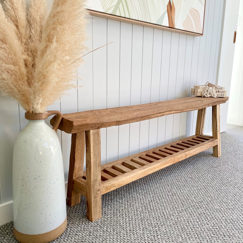 Rustic Teak Bench with Storage Shelf